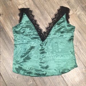 Green Satin Black Lace Trim Top